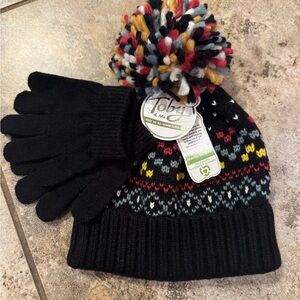 NWT Toby & Me Kids' Geo Turn Cuff Pompom Beanie & Gloves Set Unisex Size 4-7